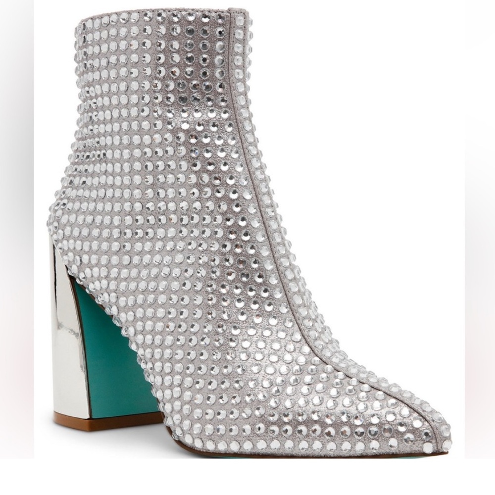 Betsy Johnson silver bedazzled Colby rhinestone booties Western boot disco bride